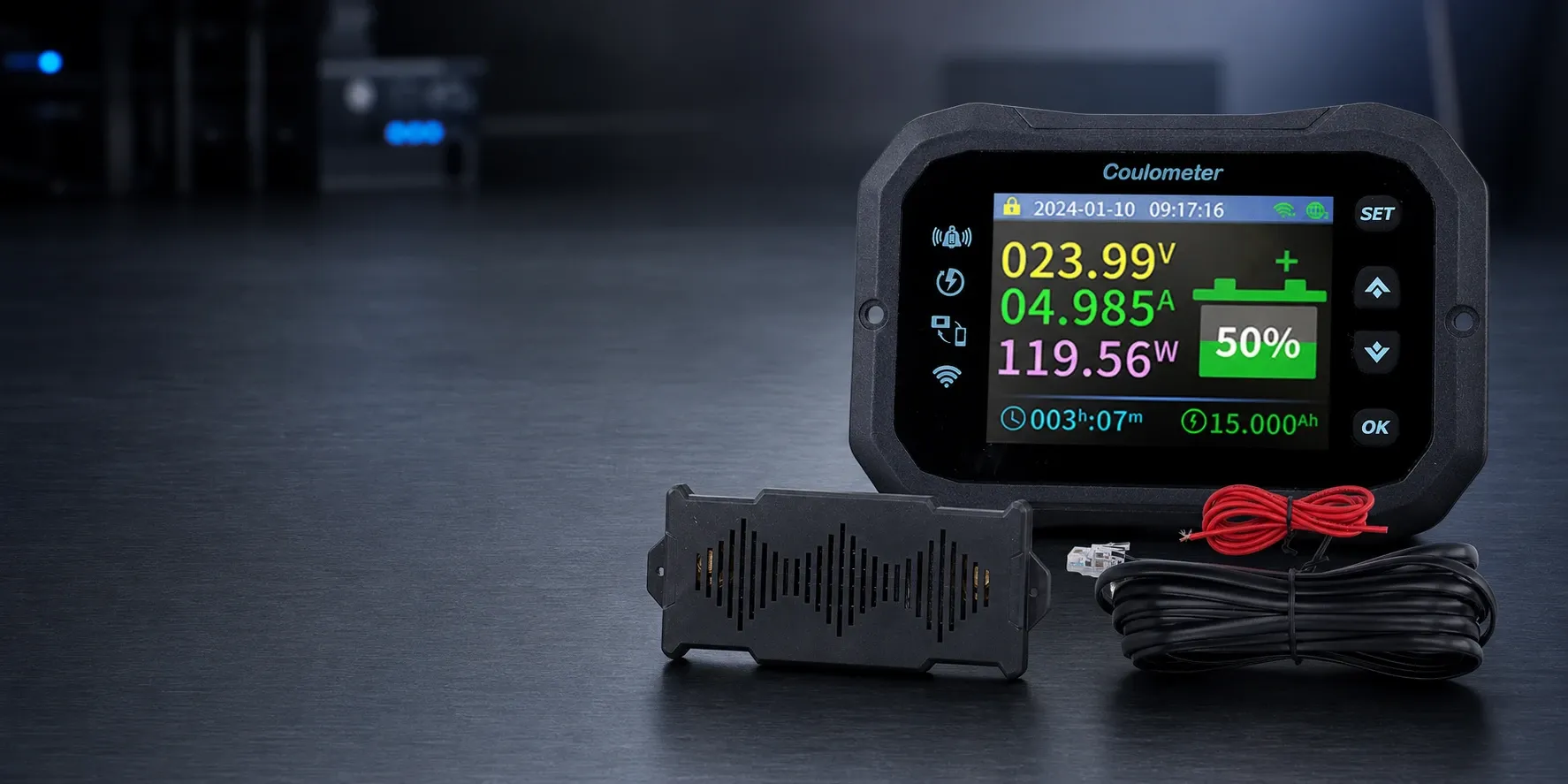Smart battery monitor displaying voltage, current, and power metrics, with a sleek design and accompanying sensor module.