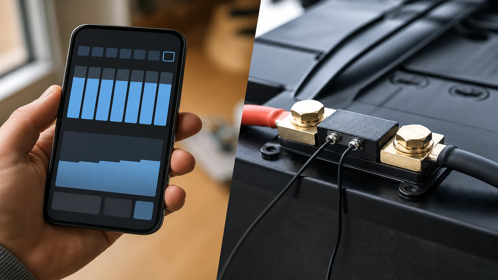 Comparison visual of phone battery app style bars beside an external battery shunt on a 12V leisure bank