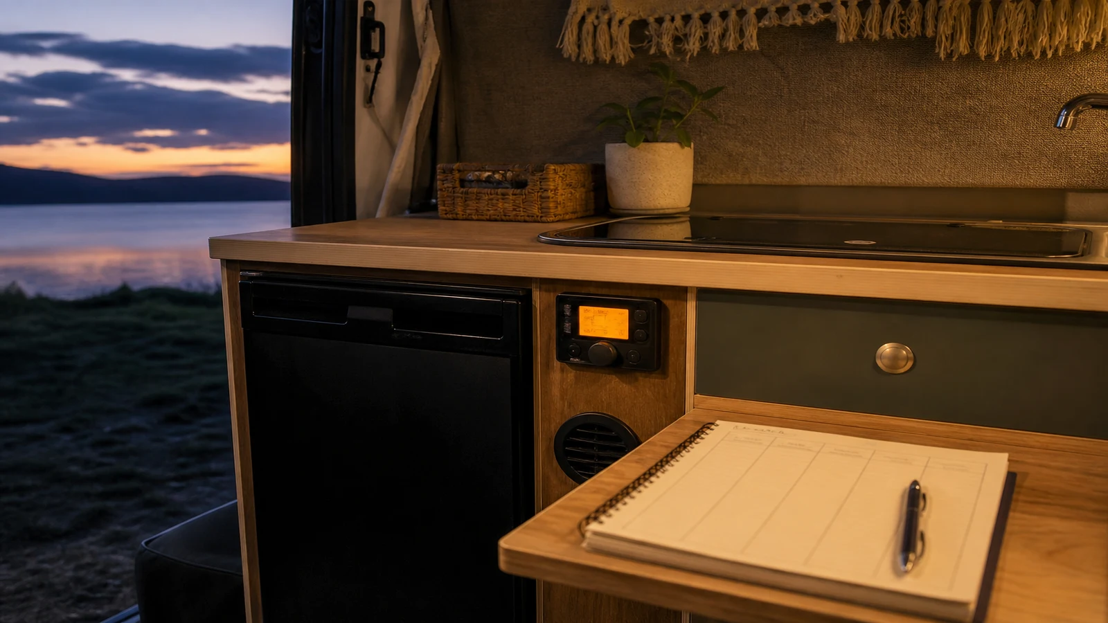 Campervan interior with fridge and heater controls beside a handwritten daily amp-hour power audit