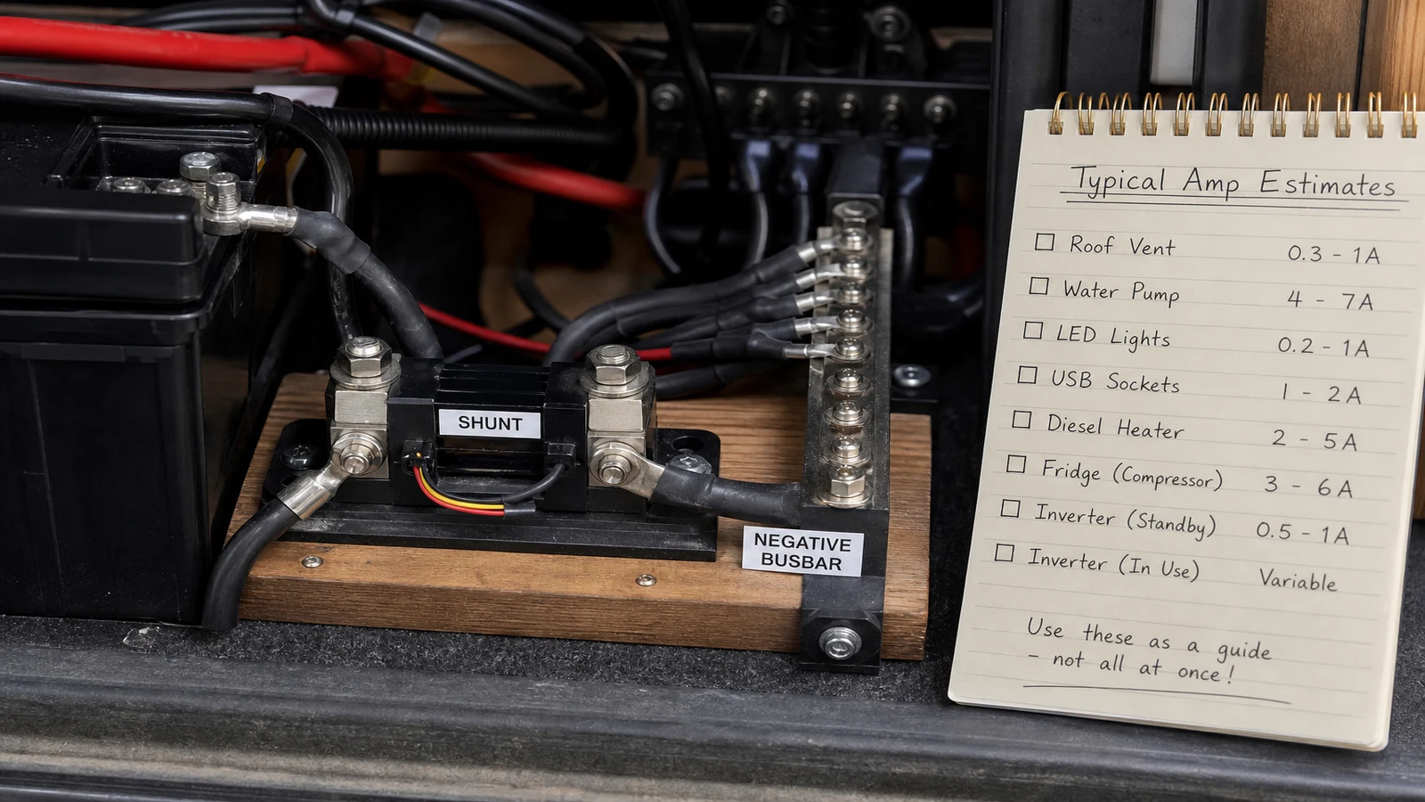 Campervan leisure battery negative cable routed through a shunt to a busbar with a handwritten amp sizing checklist