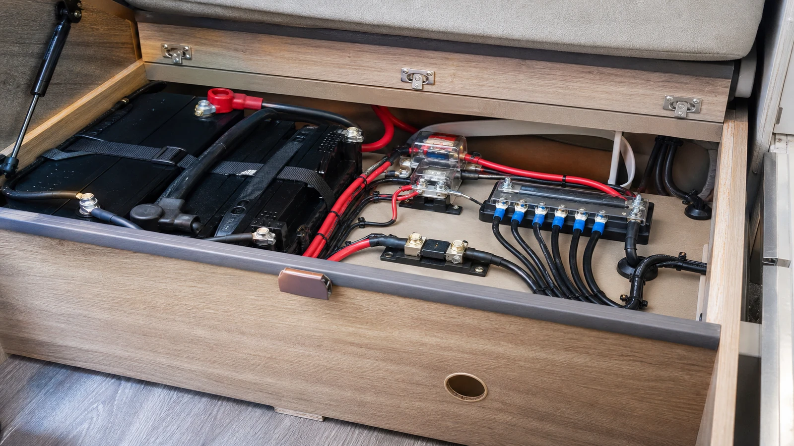 Schaudt Elektroblock motorhome battery bay with a retrofit current shunt on the leisure negative