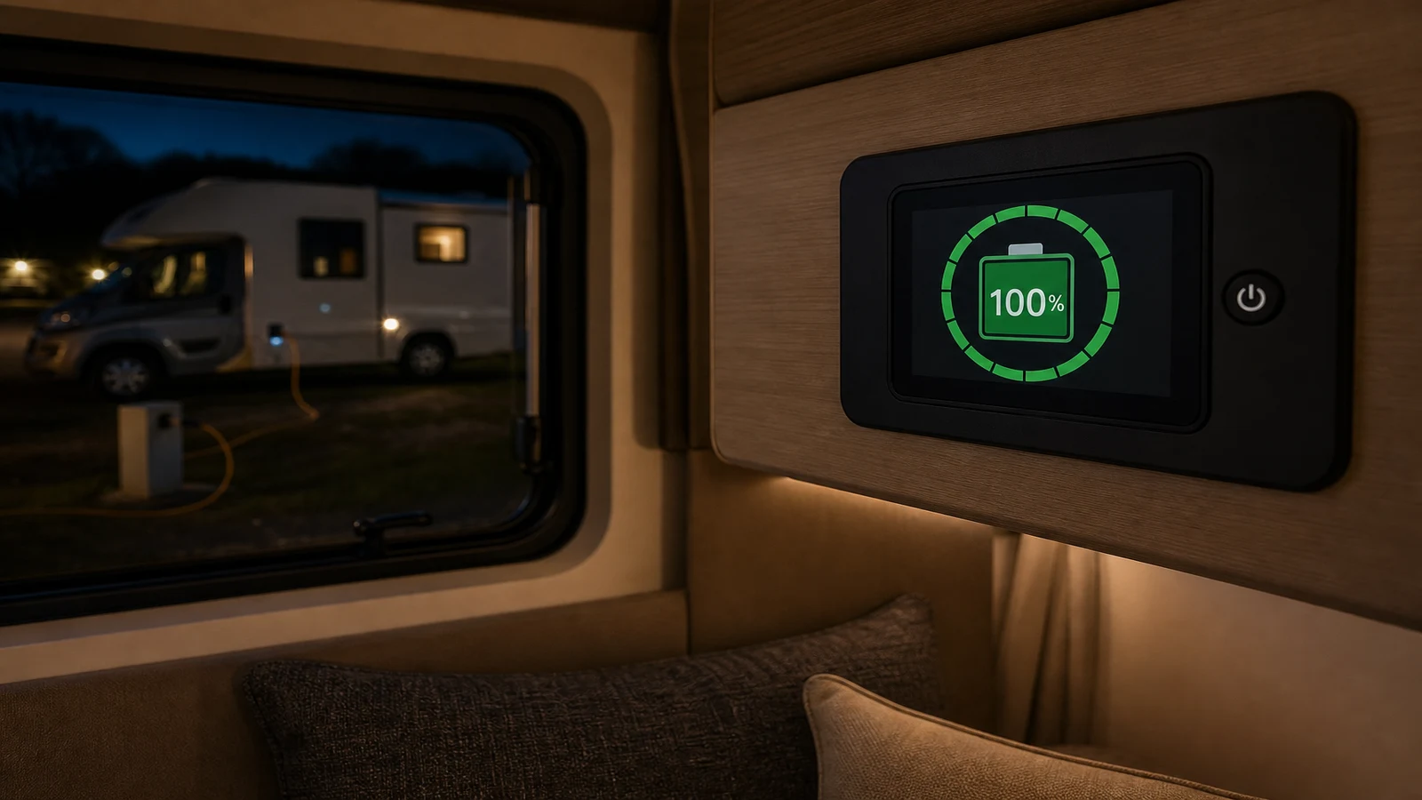 Motorhome battery monitor showing a full charge after a successful synchronisation overnight